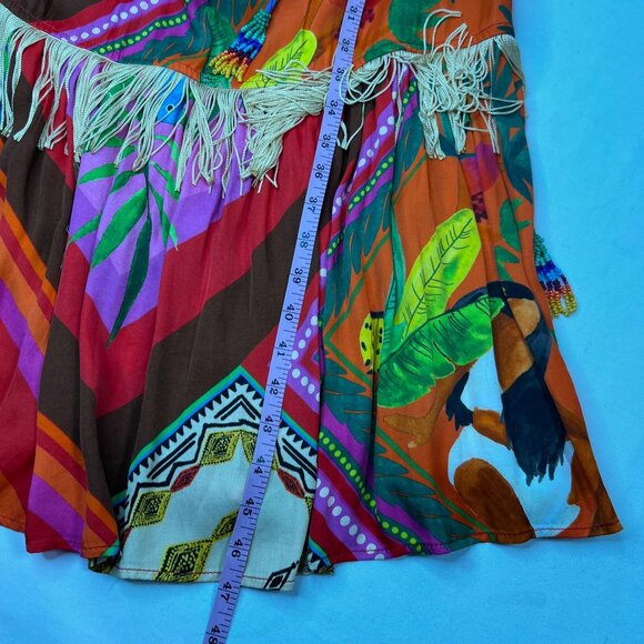 Farm Rio Anthropologie Palila Fringed Midi Sun Dress Beaded Multicolor Satin L - Picture 9 of 14